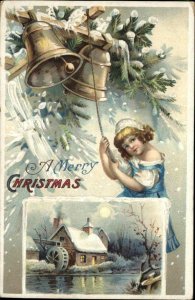 Christmas - Unsigned Clapsaddle? Girl Ringing Bell Water Mill c1910 Postcard