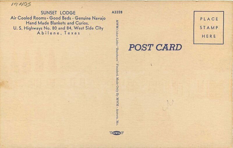 Abilene Texas 1940s Sunset Lodge Postcard Roadside MWM Linen 6190