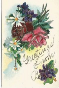 Antique Postcard Greetings From Boston Bouquet of Flowers Red and Pink Roses B