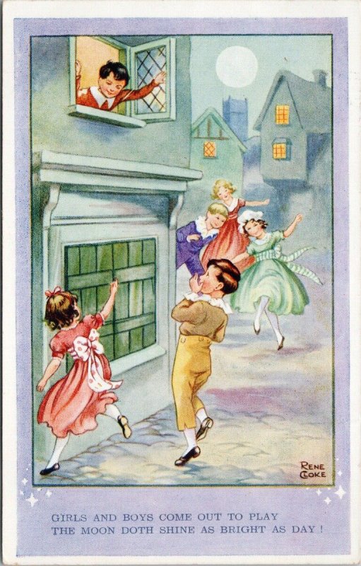Rene Coke 'Girls & Boys Come Out To Play' Children Playing Signed Postcard F70