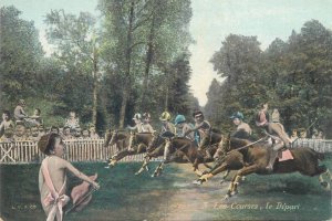 Surrealism multi babies horses race fantasy advertising postcard France c.1910