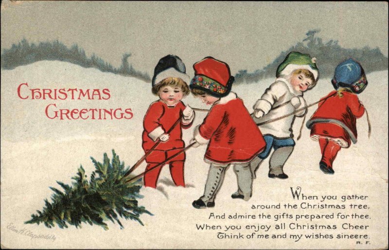 Clapsaddle Christmas Int'l Art Children Pull Tree in Snow c1910 Postcard