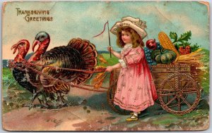 1911 Thanksgiving Greetings Girl Turkey Back Carriage Fruits Posted Postcard