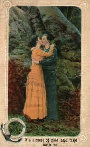 Vintage Postcard 1910's Case of Give & Take with Me Couple Embrace in a Kiss