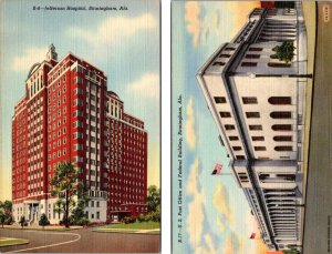 2~Postcards Birmingham, AL Alabama JEFFERSON HOSPITAL & POST OFFICE/FEDERAL BLDG