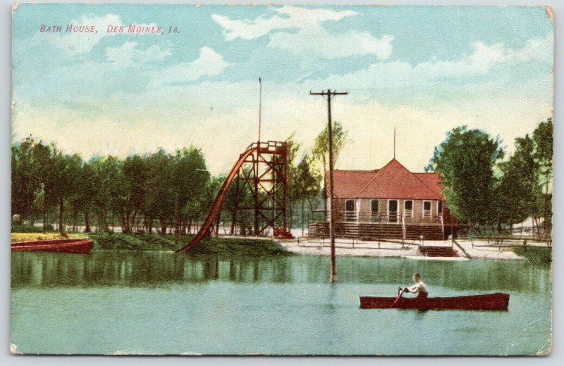 Des Moines Iowa~Bath House~Tall Water Slide~Boy in Rowboat~1909 Postcard 