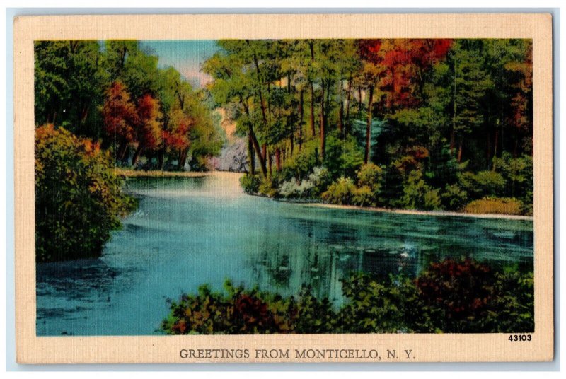 1942 River Scene Greetings from Monticello New York NY Posted Vintage Postcard 