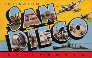 Large Letter: Greetings From San Diego, California, Early Linen Postcard