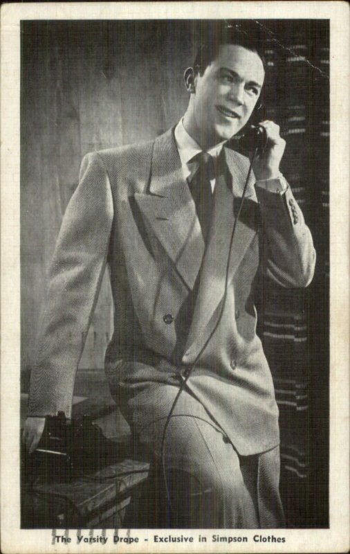 Fashion Simpson Clothes Man on Telephone b&w Linen postcard
