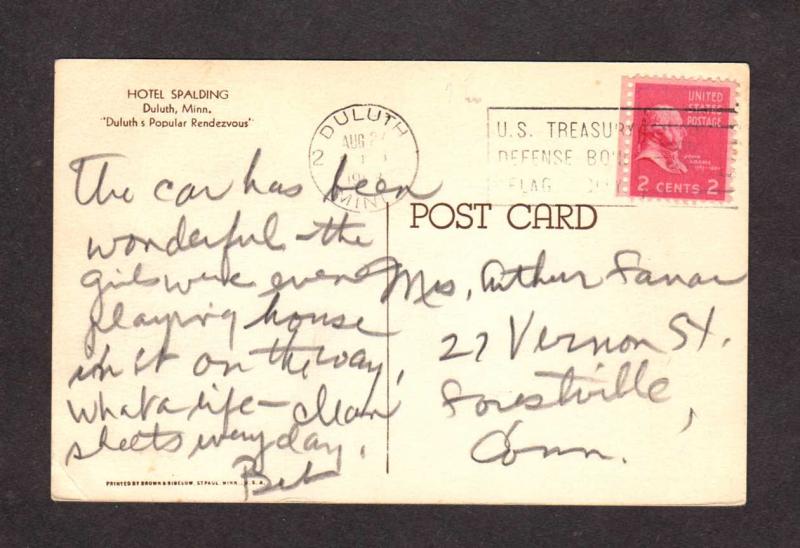 MN Spalding Hotel Duluth Minnesota Minn Postcard