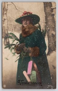 RPPC Pretty Woman Coat Forest Snow Christmas Greeting Tinted Photo Postcard E25