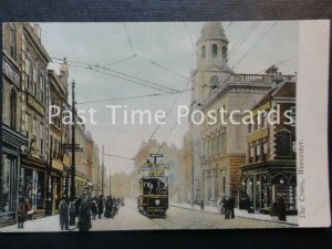 Worcester THE CROSS showing TRAM & TRAM LINE ex animated street scene c1908