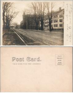 AMERICAN TOWN STREET w/ RAILROAD TROLLEY TRACKS ANTIQUE RPPC REAL PHOTO POSTCARD