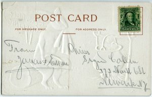 Antique Easter GOLD EMBOSS Postcard Fantasy~RABBIT HAS EATEN EGGS HE COOKED