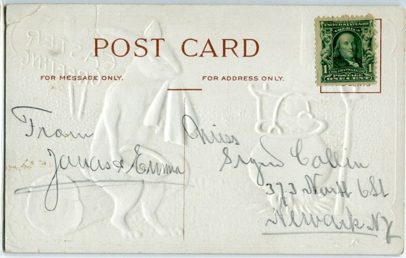 Antique Easter GOLD EMBOSS Postcard Fantasy~RABBIT HAS EATEN EGGS HE COOKED