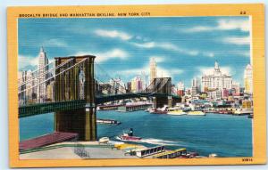 *Brooklyn Bridge Manhattan Skyline New York City NYC Vintage Linen Postcard C09