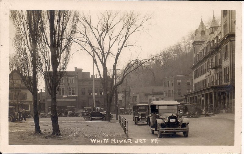 RPPC White River Junction VT, 1921 Postmark, Cars, Cafeteria, Park, Town View