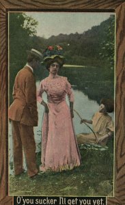 1911 O'You Sucker I'll Get You Yet.  Man & Woman by Pond, Vintage Postcard