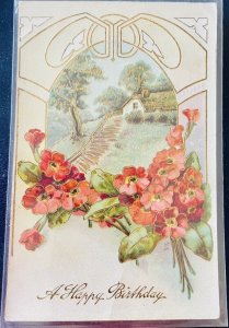 Antique 1900s German Birthday Postcard Flowers Gold-etched Farmhouse J B & Co.