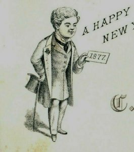 1877 New Year's Card Young Man Suit Top Hat Cane Fab! P161