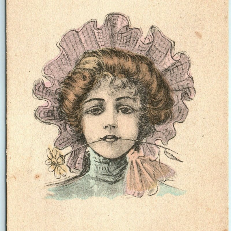 1910 Cute Hand Colored Victorian Girl Litho Photo Postcard Bonnet Hat Flower A35