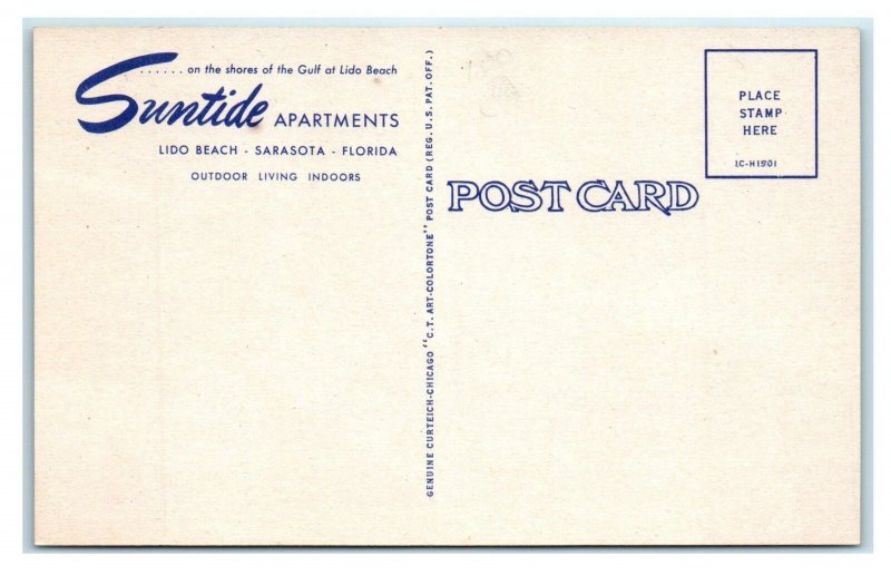 SARASOTA, FL Florida ~ Roadside THE SUNTIDE Apartments  c1950s Linen Postcard