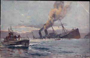 WWI Willy Stower German Sinking U-Boat c1910 Vintage Postcard