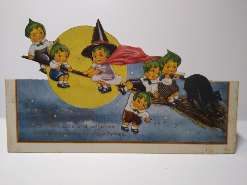 Halloween Postcard Whitney Die-cut Fantasy Green Haired Witch Children Foldout