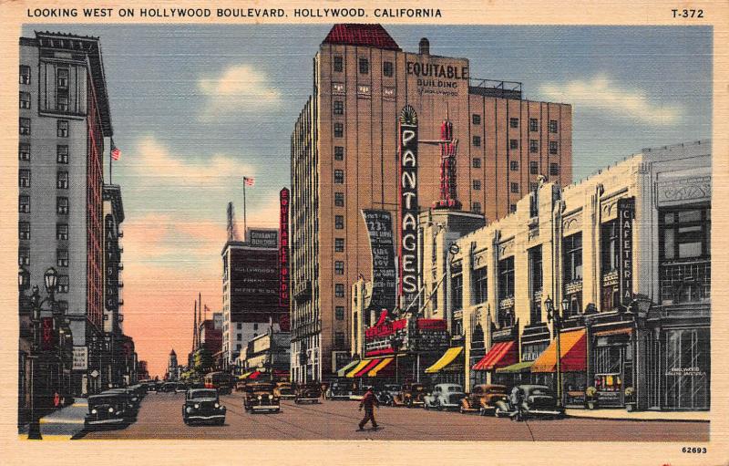 Looking West on Hollywood Blvd., Hollywood, CA, Early Linen Postcard, Unused