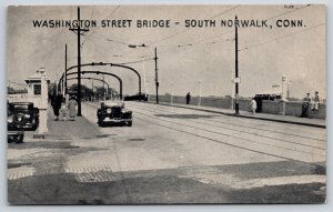 South Norwalk CT~Washington Street Bridge~Family~Trolley Line~1930s Cars~B&W PC