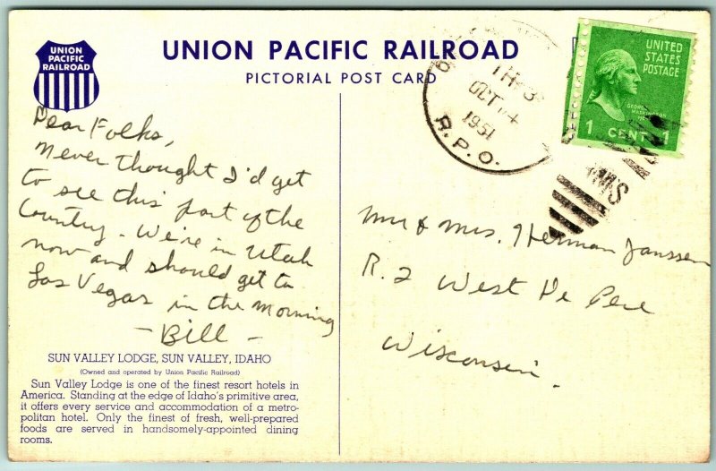 Sun Valley Lodge Union Pacific Railroad Sun Valley Idaho ID Chrome Postcard J5 