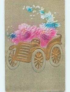 Pre-Linen foreign fantasy LARGE FLOWERS IN VERY EARLY AUTOMOBILE CAR HL7704