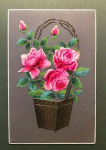 Circa 1907-15 Velvet Embossed Pink Roses in Basket German made Postcard 