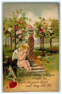 1911 Valentine Cupid Angel Roses Flowers Heart Embossed Chicago IL Postcard