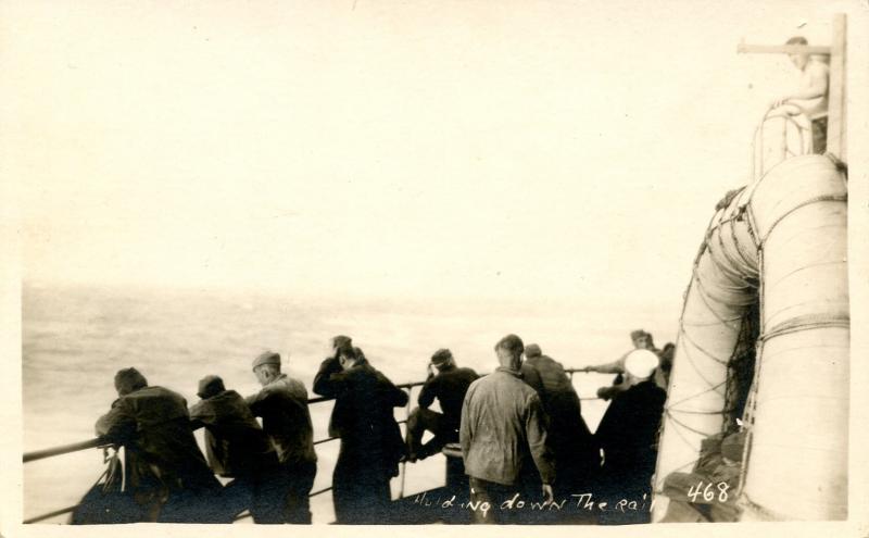 U.S. Navy - Aboard Ship, Holding Down the Rail (Military)   *RPPC