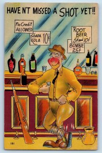 WWII Postcard Military Soldier Drinking Alcohol Haven't Missed A Shot Yet c1940s