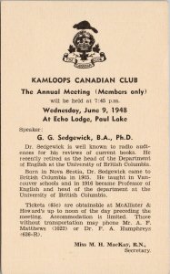 Kamloops Canadian Club British Columbia 1948 Meeting Dr. Sedgewick Postcard H4