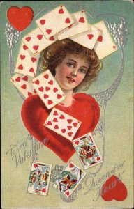 Fortune Valentine Series Playing Cards Beautiful Woman Green Background c1910 PC