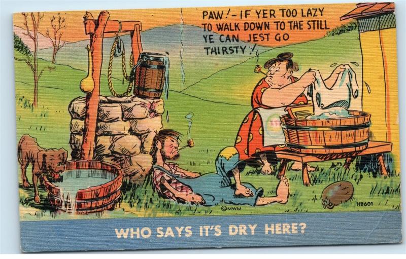 Moonshine Still Hillbilly Drunk Smoking Pipe Wife Dog Well Vintage Postcard B47