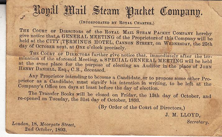 Royal Mail Steam Packet Co. Meeting Announcement 1893