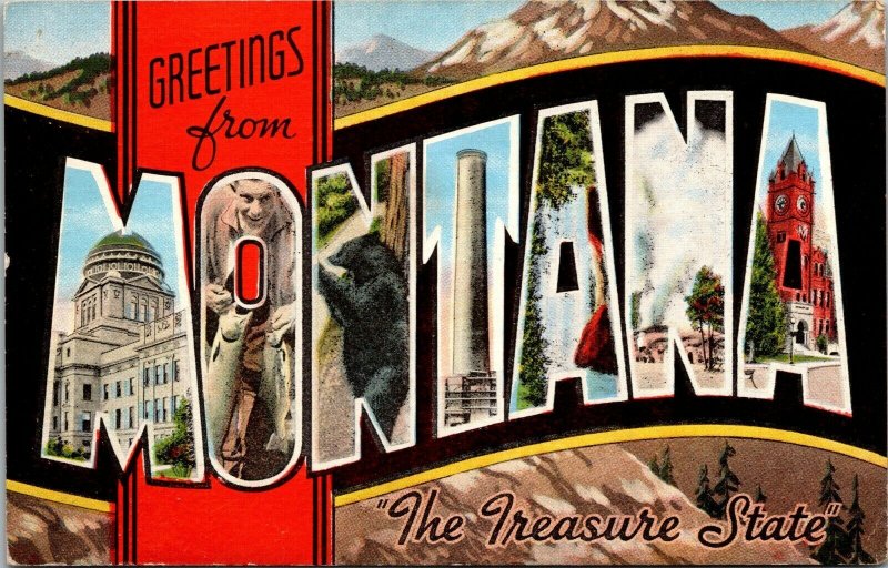 Vtg Large Letter Greetings From Montana MT The Treasure State Linen Postcard