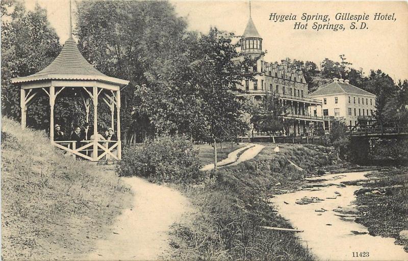 c1907 Lithograph Postcard; Hygeia Spring, Gillespie Hotel, Hot Springs SD Unused