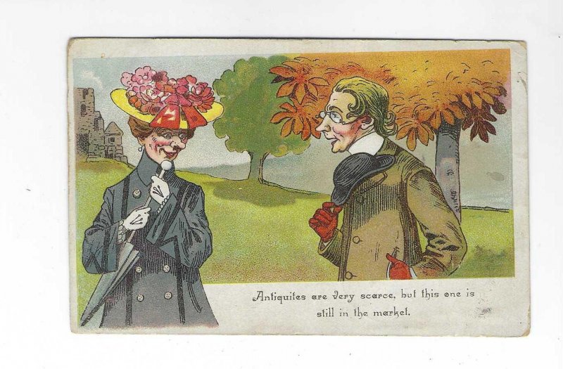 Vtg 1903 Humorous Funny Victorian Man and Woman Antiquites Postcard