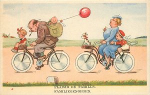 Postcard 1930s bicycle cycling family children outing humor 23-12758