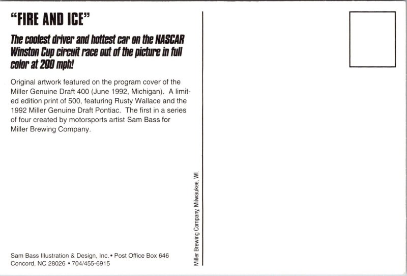 NASCAR Rusty Wallace Miller Genuine Draft Car c1992 Postcard Z21