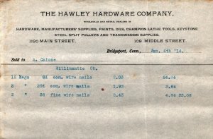 1914  Bridgeport  Connecticut  The Hawley Hardware Co.  Receipt  8 x 5