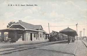 Hartland Wisconsin C.M. & St. P. Train Depot, Sky Tinted Vintage PC U11403