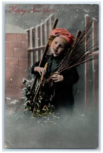 1914 Happy New Year Cute Little Girl Snowfall Gel Joliet IL Antique Postcard