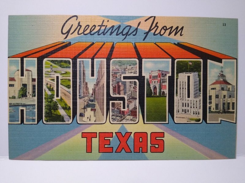 Greetings From Houston Texas Large Letter Linen Postcard Unused Pastel Rainbow