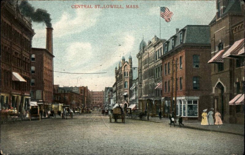 LOWELL MA Central Street Scene c1910 Postcard